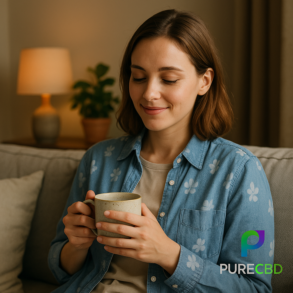 CBD for anxiety UK - calm woman drinking tea at home